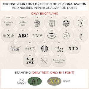 May include: A chart showing different font and design options for personalization. The chart is divided into two sections: "Only Engraving" and "Stamping (Only Text, Only in 1 Font)". The engraving options include various designs, such as a firefighter's helmet, a police badge, and a sheriff's star. The stamping options include the letters "AI" and "XO".