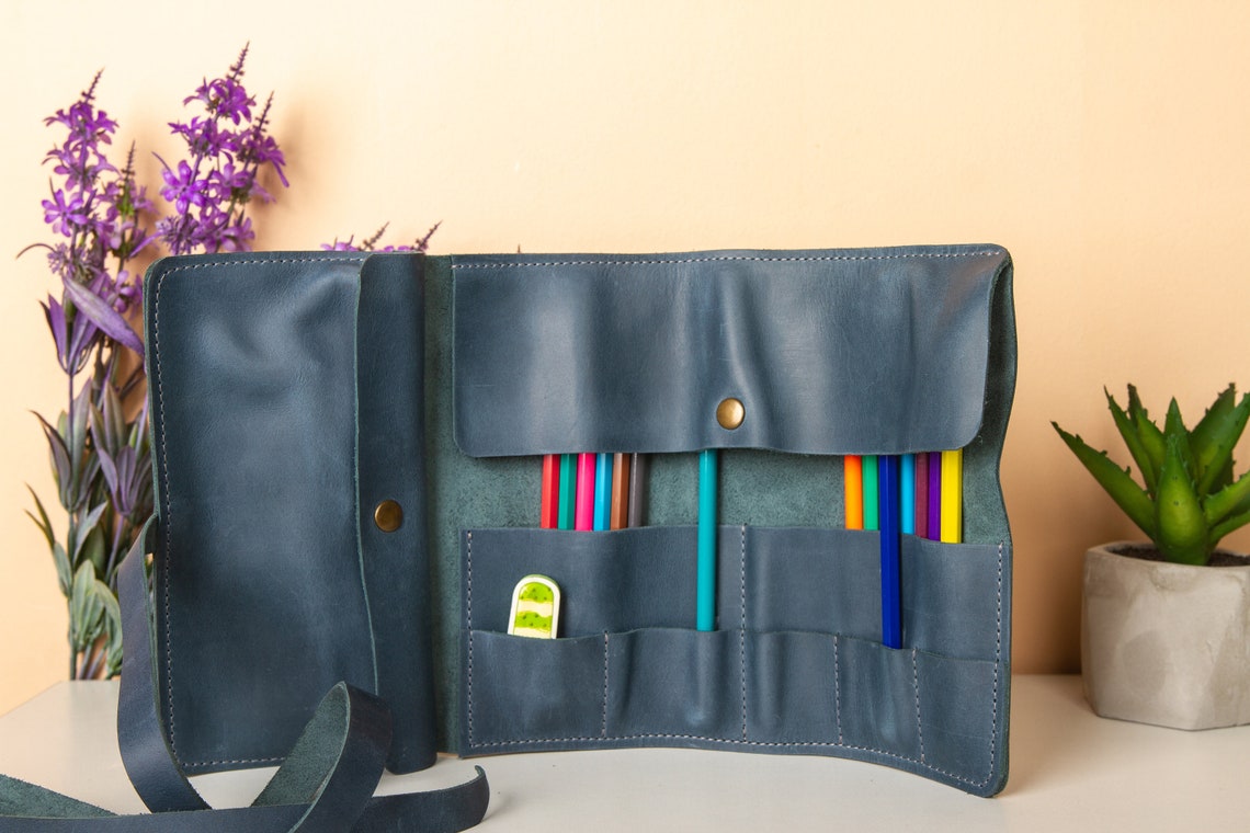 Leather pen case Pen case roll Pen case leather Pencil case Etsy