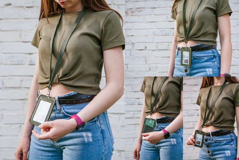 May include: A person wearing a green shirt and blue jeans with a black belt and a lanyard with a clear plastic ID card holder. The lanyard is green and has a silver clip.