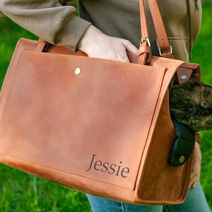 Stylish dog tote with ventilation, Soft sided cat carrier, Handmade puppy bag for travel, Leather pet transport case, Custom animal handbag