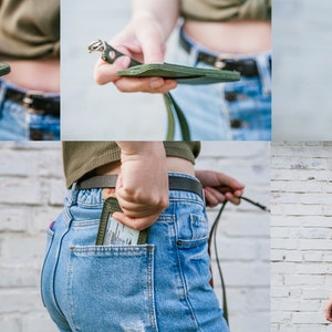May include: A green leather ID badge holder with a detachable lanyard. The holder has a clear plastic window for displaying an ID card. The lanyard is adjustable and has a metal clip for attaching to a belt loop or bag.