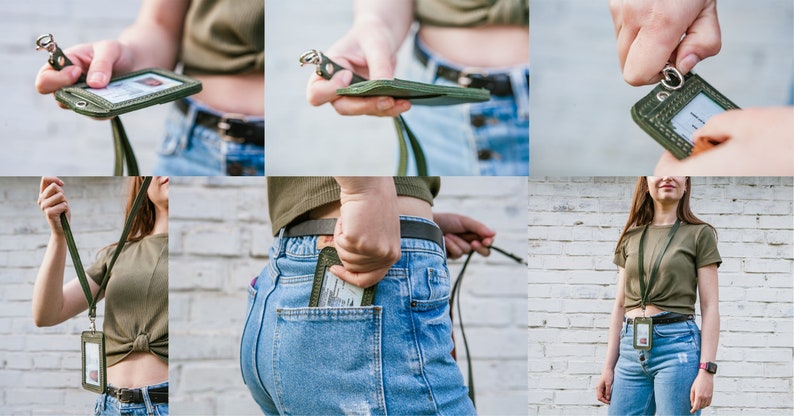 May include: A green leather ID badge holder with a detachable lanyard. The holder has a clear plastic window for displaying an ID card. The lanyard is adjustable and has a metal clip for attaching to a belt loop or bag.