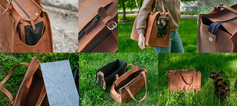 May include: A brown leather pet carrier with a zip closure and a mesh window. The carrier has a handle and a shoulder strap. A cat is visible inside. The carrier is made of a durable leather material.
