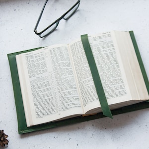 May include: A green leather-bound journal with a bookmark, open to a page with text. The journal is on a white surface with a pair of glasses, a pencil, and pine cones.