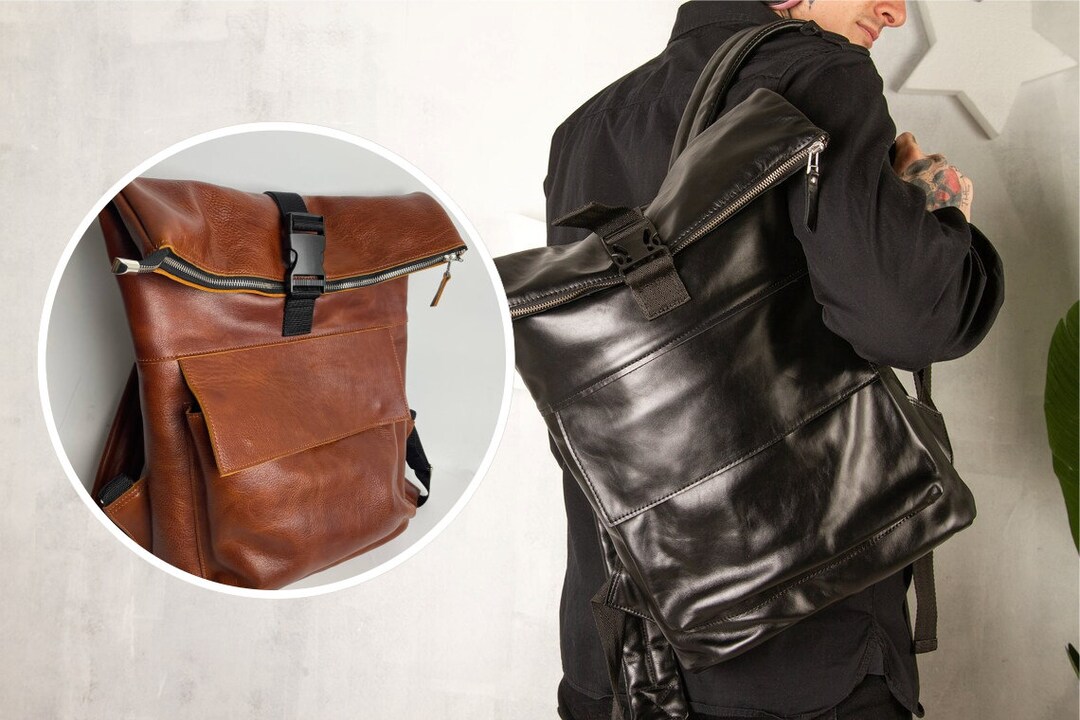 Mochila de cuero con parte superior enrollable, Mochila grande