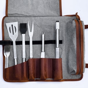 Grilling utensil holder,BBQ leather bag,Outdoor cooking bag,Custom grill roll,Bbq gifts for dad,Grill master bag,Grill tool holder