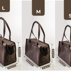 May include: Brown leather pet carrier bag in three sizes: Large (42cm x 30cm x 19cm), Medium (39cm x 28cm x 18cm), and Small (36cm x 26cm x 17cm). Each bag features a handle and a zippered opening.