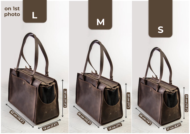 May include: Brown leather pet carrier bag in three sizes: Large (42cm x 30cm x 19cm), Medium (39cm x 28cm x 18cm), and Small (36cm x 26cm x 17cm). Each bag features a handle and a zippered opening.