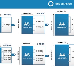 Pode incluir: Diagrama mostrando os diferentes tamanhos de argolas e tamanhos de papel para uma pasta. O di&acirc;metro da argola &eacute; de 20 mm (0,7 polegadas). Os tamanhos de papel s&atilde;o A6, A5 e A4 (Carta dos EUA). O n&uacute;mero de argolas varia de 2 a 6.