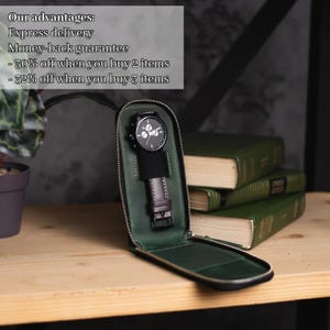 Spersonalizowane skórzane etui na zegarek, męskie etui podróżne na zegarek, etui podróżne na jeden zegarek, skórzane etui na zegarek, etui do przechowywania zegarka, etui na zegarek zapinane na zamek zdjęcie 8