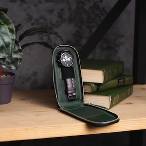 Estojo para relógio de viagem personalizado, Estojo para relógio único, Estojo para relógio de couro para homens, Suporte para relógio de viagem, Estojo para relógio verde, Suporte para relógio em couro