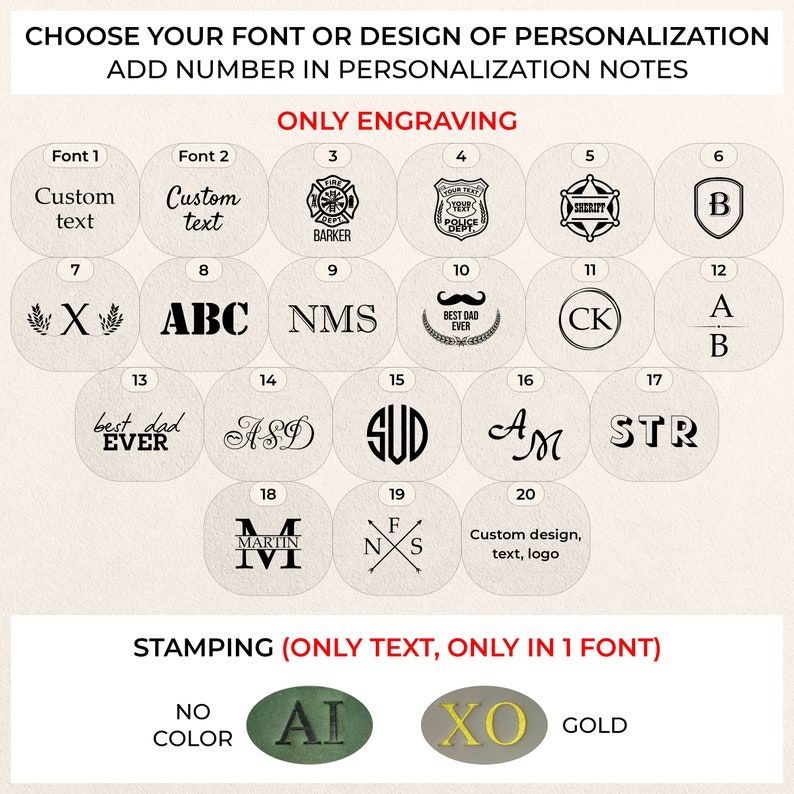 Pode incluir: Um gr&aacute;fico que mostra diferentes op&ccedil;&otilde;es de fonte e design para personaliza&ccedil;&atilde;o. As op&ccedil;&otilde;es s&atilde;o divididas em duas categorias: "Somente grava&ccedil;&atilde;o" e "Carimbo (somente texto, somente em 1 fonte)". As op&ccedil;&otilde;es de grava&ccedil;&atilde;o incluem v&aacute;rios designs, como um capacete de bombeiro, um distintivo de policial e uma estrela de xerife. As op&ccedil;&otilde;es de carimbo incluem diferentes fontes e designs, como "AI" e "XO".
