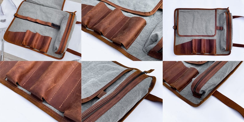 May include: A gray canvas and brown leather roll-up knife case with multiple slots for knives and a zippered pouch. The case has a strap for carrying.