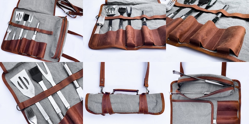 May include: A brown leather grilling tool roll with a gray canvas lining. The roll has a zipper closure and a handle. It is open to reveal a set of grilling tools, including a spatula, tongs, a fork, and a brush.
