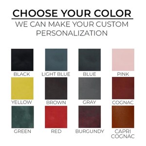 May include: Colour chart showing 12 different leather colours for customisation. The colours are: black, light blue, blue, pink, yellow, brown, grey, cognac, green, red, burgundy, and capri cognac.