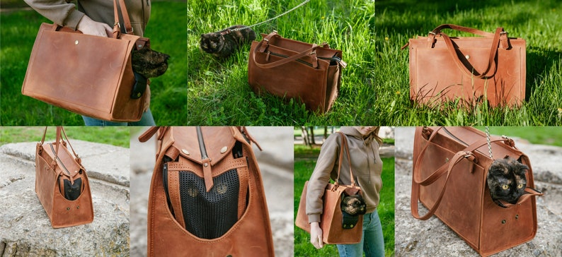 May include: A brown leather pet carrier with a cat visible. The carrier is rectangular with a handle and a zipped top. The cat carrier is designed for small pets and is made of durable leather.