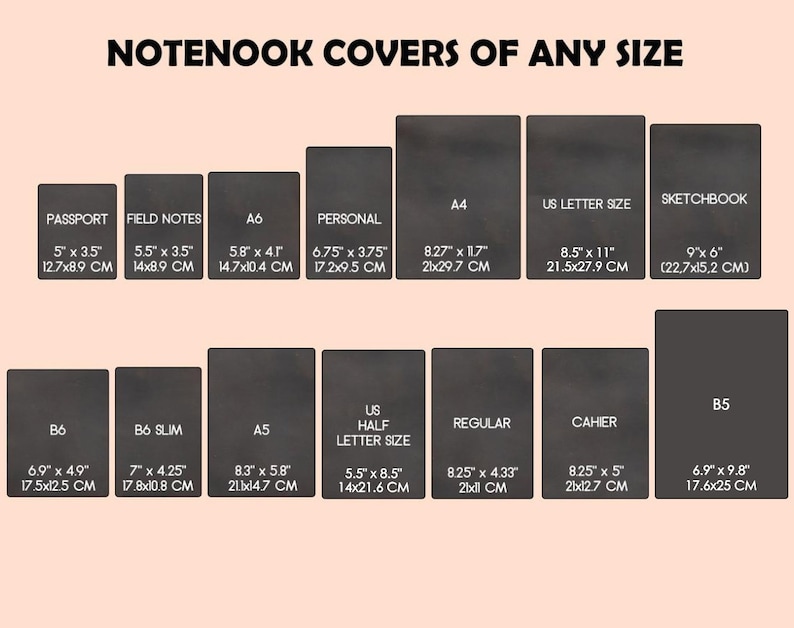 May include: A chart showing different notebook cover sizes in inches and centimeters. The chart includes sizes like passport, field notes, A6, personal, A4, US letter size, sketchbook, B6, B6 slim, A5, US half letter size, regular, cahier, and B5.