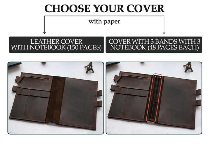 May include: Two open leather notebook covers with different options for paper inserts. The left cover has a single notebook with 150 pages. The right cover has three notebooks with 48 pages each.