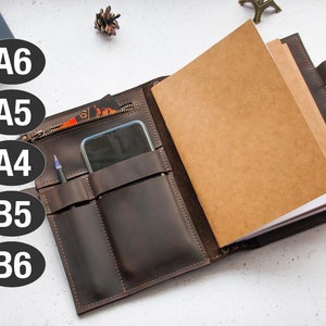 Leather notebook cover with phone pocket, Leather portfolio A5, Personalized journal cover, Travel journal cover, Notebook portfolio