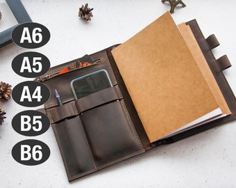 Leather notebook cover with phone pocket, Leather portfolio A5, Personalized journal cover, Travel journal cover, Notebook portfolio