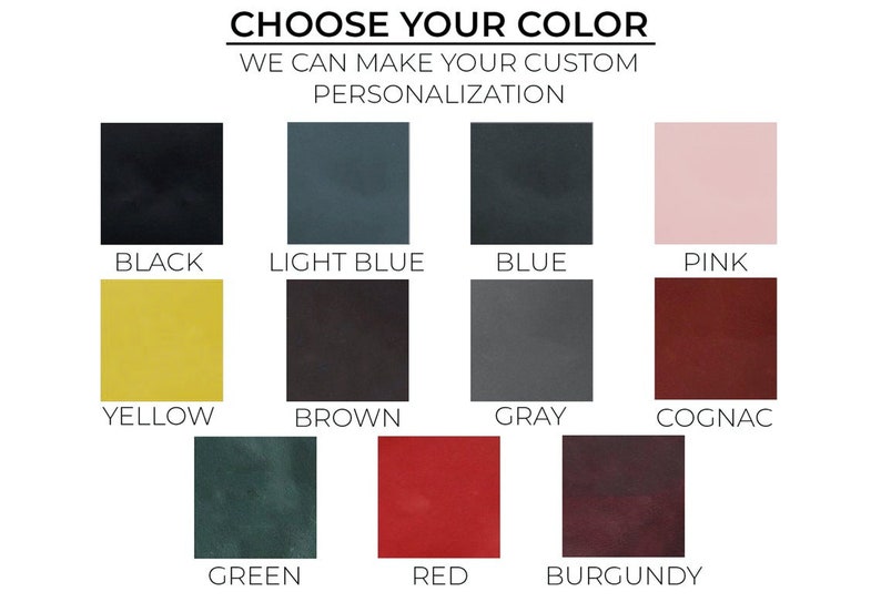 Pode incluir: Uma carta de cores que mostra 12 cores de couro diferentes: preto, azul claro, azul, rosa, amarelo, castanho, cinza, conhaque, verde, vermelho e bord&ocirc;.  "Escolha sua cor" e "Podemos fazer sua personaliza&ccedil;&atilde;o personalizada" est&atilde;o escritos acima da carta.