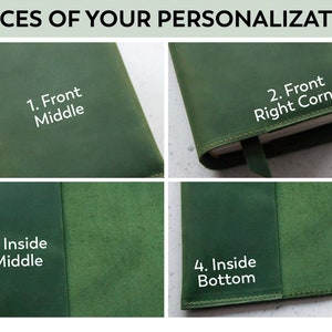 May include: A green leather journal cover with four different personalization options: front middle, front right corner, inside middle, and inside bottom.