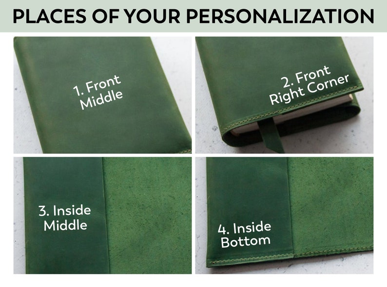 May include: A green leather journal cover with four different personalization options: front middle, front right corner, inside middle, and inside bottom.