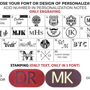May include: A chart showing 20 different font and design options for personalization. The options include text, initials, and logos. The chart also includes instructions for adding a number to the personalization notes. The text "ONLY ENGRAVING" is in red. The text "STAMPING (ONLY TEXT, ONLY IN 1 FONT)" is in red. The text "NO COLOR" is in black. The text "DR" is in white on a red background. The text "MK" is in white on a purple background. The text "GOLD" is in black.