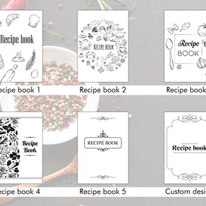 Pode incluir: Seis designs de capa diferentes para um livro de receitas. As capas apresentam v&aacute;rias ilustra&ccedil;&otilde;es de comida, utens&iacute;lios de cozinha e floreios decorativos. O texto nas capas diz "Recipe book", "RECIPE BOOK" e "Recipe BOOK".