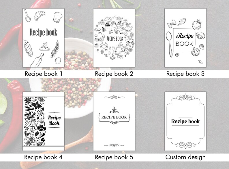 Pode incluir: Seis designs de capa diferentes para um livro de receitas. As capas apresentam v&aacute;rias ilustra&ccedil;&otilde;es de comida, utens&iacute;lios de cozinha e floreios decorativos. O texto nas capas diz "Recipe book", "RECIPE BOOK" e "Recipe BOOK".