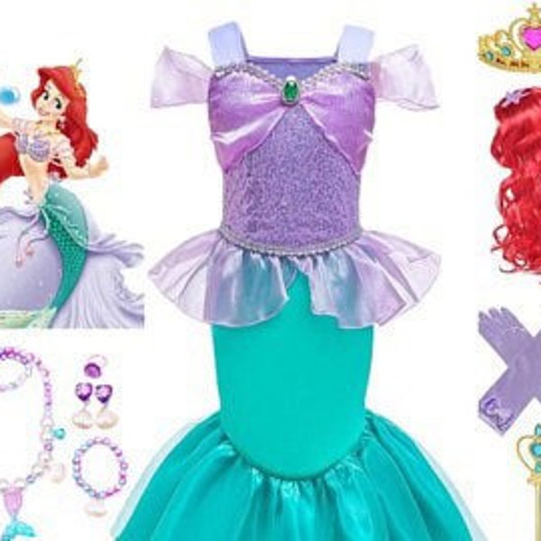 La Sirenita Ariel Princess Dress Costume Set, vestido de fiesta de cumpleaños para niñas, vestir, regalo de cumpleaños