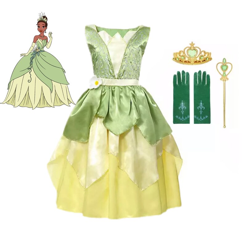 Princess And The Frog Disney Inspired Tiana Princess Dress Costume Set, Birthday Party Dress, Dress up, Cosplay 