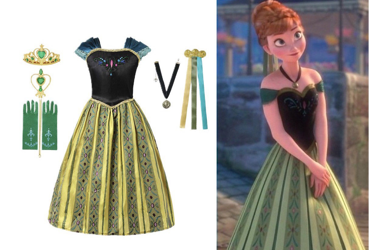 Disney Coronation Frozen Green Princess Anna Inspired Dress Costume Set For Girls