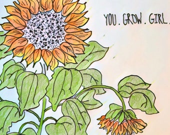 Sunflower Girl Power Art Print, Feminist Postcard