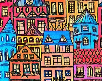 European Sunrise Village Wall Art Print • Colorful Whimsical Landscape Illustration • Cottagecore Home Decor