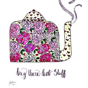 Hey da heiße Sachen! Vintage Teekanne Kunst, Retro-Tee-Malerei, Bistro-Kunst, Tee-Postkarte
