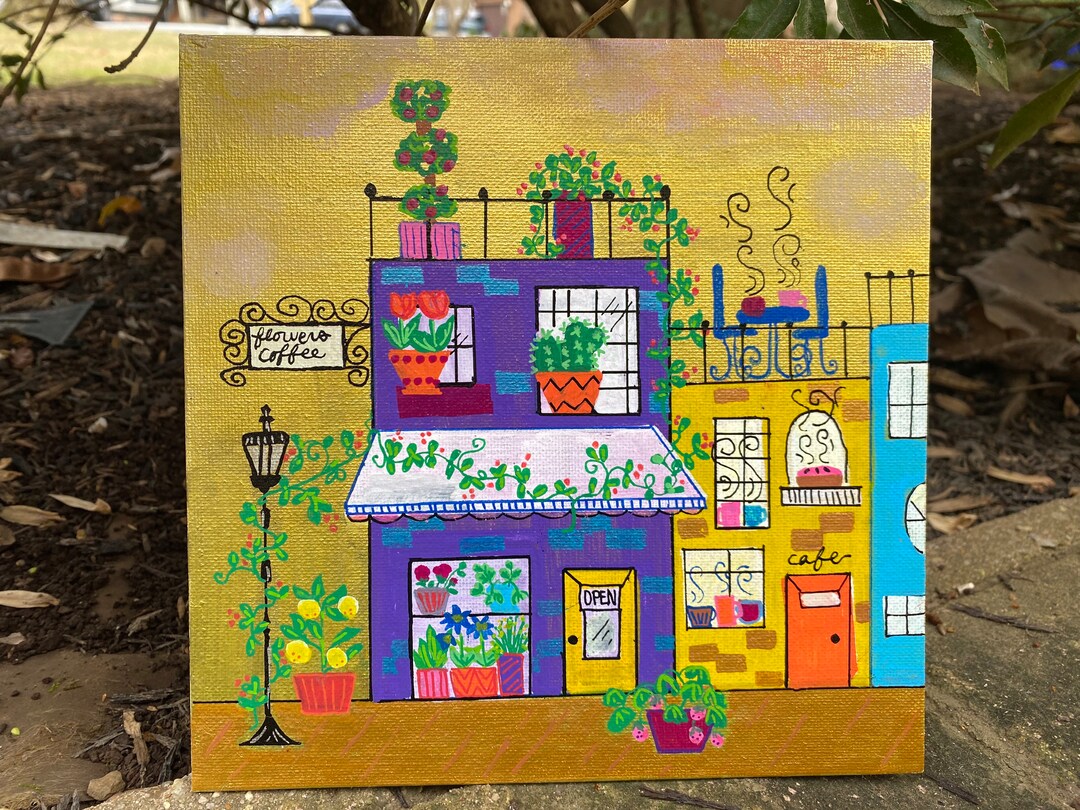 Hand Painted Original Art, Village Flower Shop, French Decor, Wall