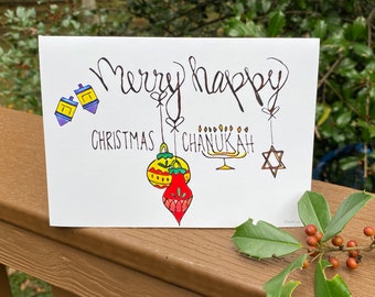 Interfaith holiday cards, Christmas and Chanukah greeting cards, merry and happy, holiday cards, Jewish and Christian holiday wishes