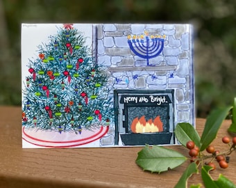 Interfaith holiday cards, Christmas and Chanukah greeting, hearth tree and menorah, holiday cards, Jewish and Christian holiday wishes