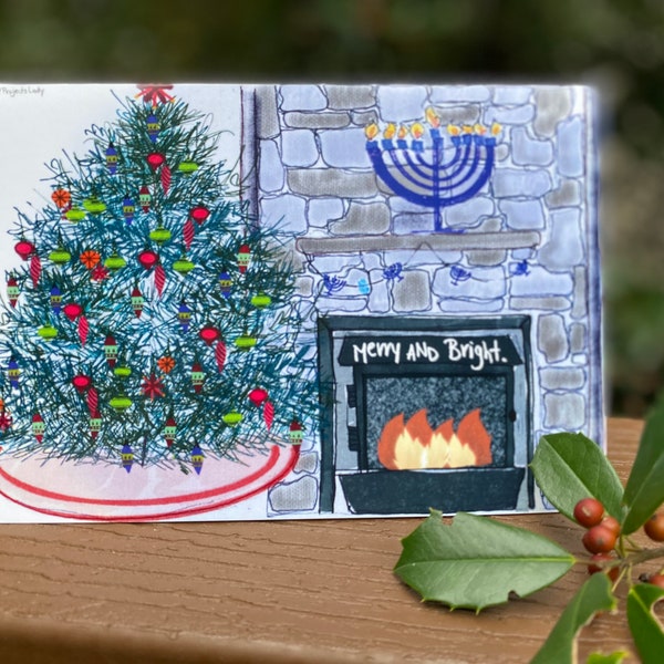 Interfaith holiday cards, Christmas and Chanukah greeting, hearth tree and menorah, holiday cards, Jewish and Christian holiday wishes