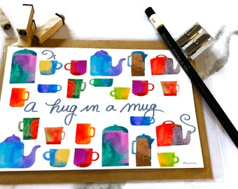 A hug in a mug! Kitschy coffee and tea art, mid century modern decor, customizable kitchen bistro painting, tie dye design