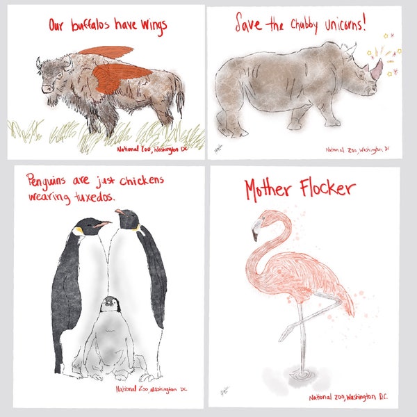 Zoo animal postcard bundle, ironic creature cards, National Zoo postcard set