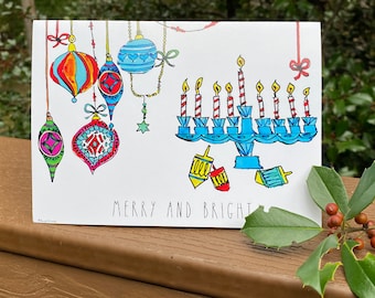 Interfaith holiday cards, merry and bright, Christmas and Chanukah greeting cards, holiday cards, Jewish and Christian holiday wishes