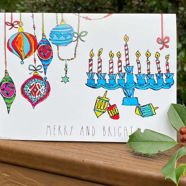 Interfaith holiday cards, merry and bright, Christmas and Chanukah greeting cards, holiday cards, Jewish and Christian holiday wishes