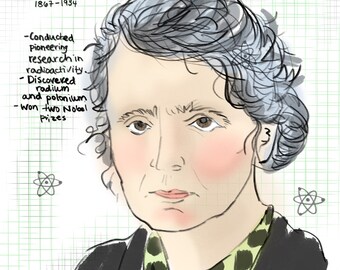 Women in STEM art print, Marie Curie portrait, women in science, nuclear scientist, feminist art, girls in science, radiation scientist