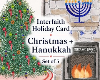 Interfaith Christmas & Hanukkah Cards (5 Pack) | Hearth and Menorah Holiday Cards | Bulk Inclusive Cards