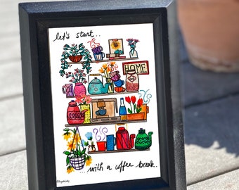 Coffee lover art, coffee break painting, postcard, and food art, wall decor, coffee lovers