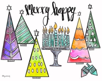 Interfaith Holiday Card, Chanukah Christmas, Hand Painted