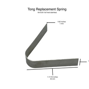 Könnte beinhalten: Eine silberne Metall-Ersatzfeder für Zangen, 45 mm lang, 11 mm breit und 1 mm dick. Die Feder ist aus 18-8 301 voll gehärtetem Edelstahl.