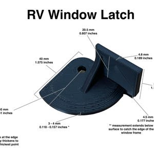 May include: A black plastic RV window latch with measurements in millimeters and inches. The latch is designed to catch the edge of a window frame.
